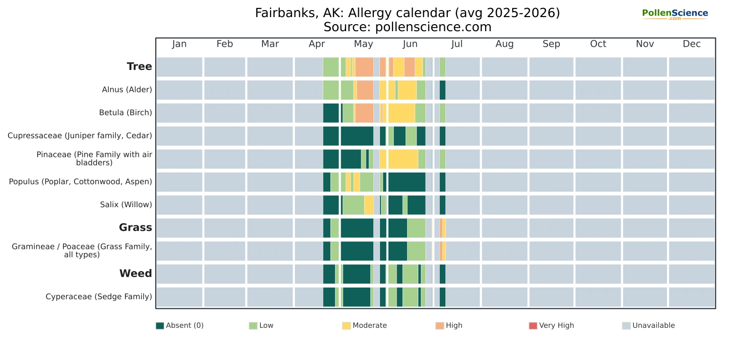 Annual allergy calendar for Fairbanks, AK.