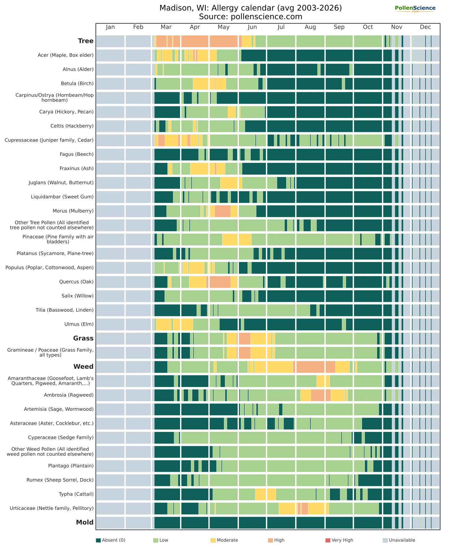 Annual allergy calendar for Madison, WI.