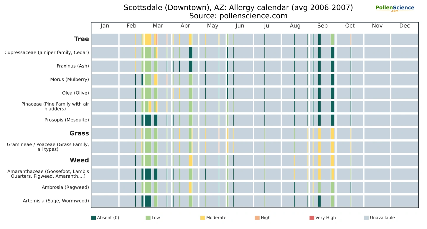 Annual allergy calendar for Scottsdale (Downtown), AZ.